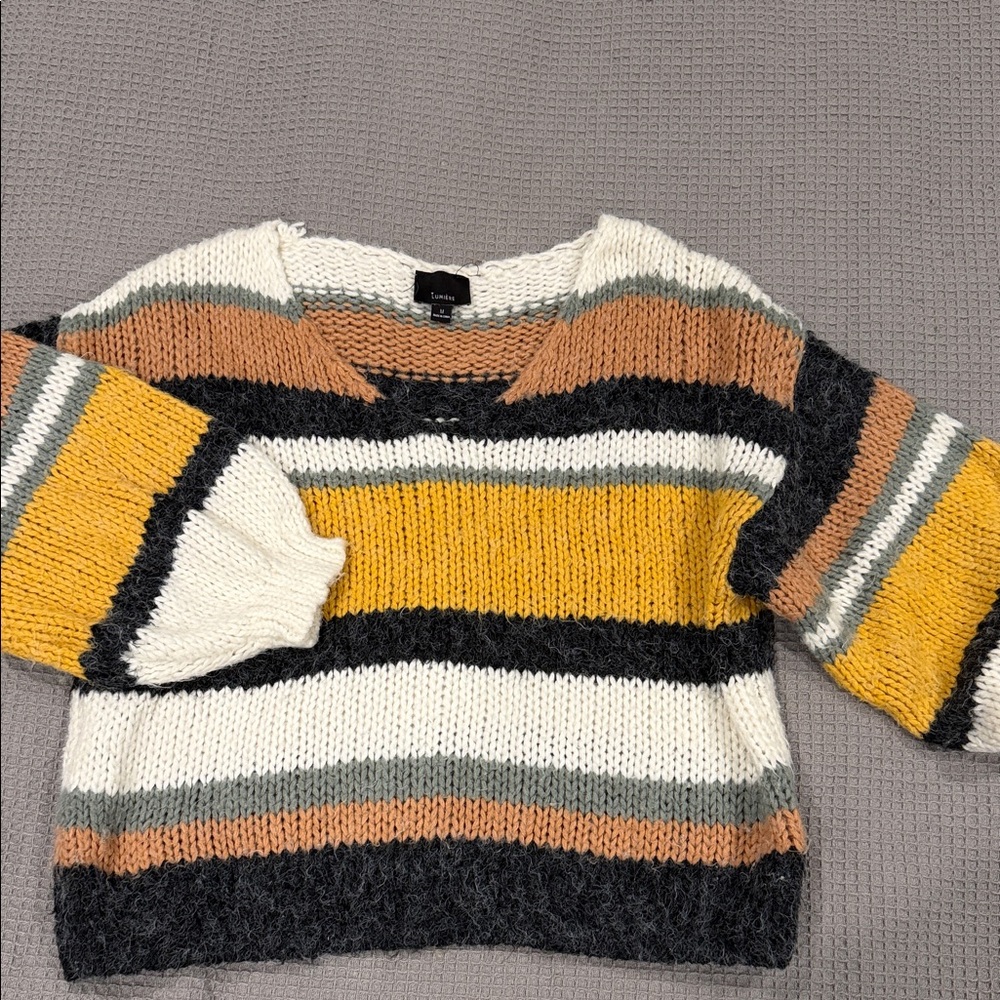 Lumiere V-Neck Sweater with Stripes - Yellow, Cream, Gray, Brown